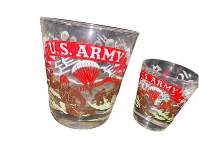 Vintage U.S. Army Paratroopers Shot Glass Glass Cartoon Graphic