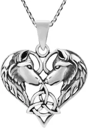 925 Sterling Silver Celtic Love Couple Wolf Heart Pendant Necklace 18"