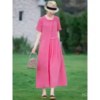 在飛比找蝦皮購物優惠-棉麻洋裝女夏季新款粉色 紅色 中年人 媽媽 時尚 復古長款裙