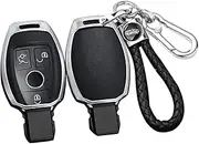 ontto Alloy Car Key fob Cover Fit for Mercedes Benz W204 W463 W176 W251 W205 AMG A C E S G Class GLA CLA GLK GLC CLS Smart Leather Key case Shell Key Holder Keyring Keychain Accessories Silver-Black