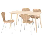 LISABO / ÄLVSTA table and 4 chairs, ash veneer/rattan white, 140x78 cm