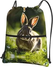 EdWal Bunny Rabbits Print Drawstring Backpack Gym Bags Sports Bags With Zipper Pocket For Travel Beach, Black, One Size