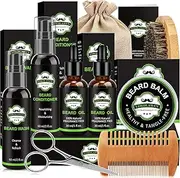 LOKDLAWEN Beard Kit for Men with Beard Wash, Beard Conditioner, Beard Oil, Beard Balm, Brush, Comb, Scissors, Storage Bag, Gifts for Men Dad Husband Boyfriend