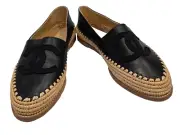 CHANEL Black Leather Interlocking CC Logo Espadrilles w/ Raffia Trim Size 40 (9)