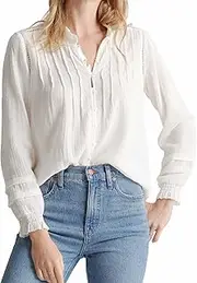 [SUNNOW] Women's White Textured Blouse Ruffle Stand Collar Button Down Shirt Long Sleeve Relaxed Boho Top