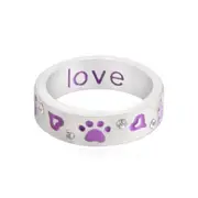 Purple Love Heart Dog Cat Pet Remembrance Paw Print Memorial Silver Ring Gift