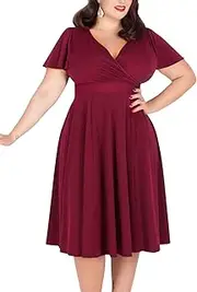 [Nemidor] Women's V-Neckline Stretchy Casual Midi Plus Size Bridesmaid Dress (22, Wine Red)