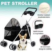 Pet Stroller Dog Cat Carrier Outdoor Travel Pushchair Foldable Pram 4 Wheels