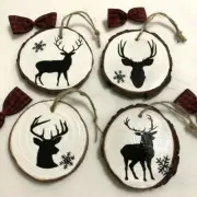 Rustic Deer Silhouette Wood Christmas Ornaments, Set of 4, Handcrafted, New