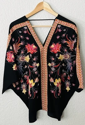 Rose +Olive Black Floral Chiffon Blouse Size M Dolman Sleeve V-Neck