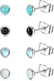 [Kakonia] 4 Pairs Stainless Steel Stud Earrings for Women Men Hypoallergenic Round Gemstone Earring Set White Blue Opal Earrings Turquoise Earrings Moonstone Earrings Black Onyx Earrings Set 4MM/6MM