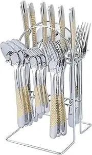Silverware Set, 24 Pieces Flatware with Silverware Holder, Stainless Steel Knives and Forks and Spoons Cutlery Set Service for 6, Kitchen Utensil Tableware Set with Antiskid Handle (Gold Silvery)
