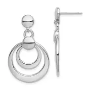 Sterling Silver Rhodium-Plated Polished Double Circle Post Dangle Earrings