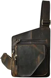 [Le'aokuu] Mens Real Cowhide Bull Leather Sling Bag Cycling One Shoulder Strap Bag Backpack Waist Chest Bag Pack Sports Bag Casual Bag