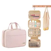Travel Toiletry Bag with Waterproof Compartments and Hanging Hook-Pink