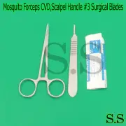 MOSQUITO HEMOSTAT FORCEPS 5" CURVED +SCALPEL HANDLE #3+5 SURGICAL BLADES #15