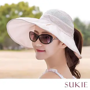 【Sukie】防曬帽 遮陽帽 可折疊帽/透氣網紗大帽檐可折疊繡花飾防曬遮陽帽(多色任選)