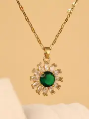 Women Emerald Sunflower Necklace Green Stone Light Luxury Style Neckline chain