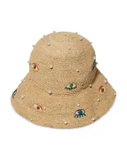 Lele Sadoughi Evil Eye Embroidered Raffia Bucket Hat