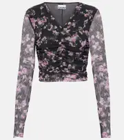 [Ganni] Ganni Ruched floral mesh crop top AU 16 multicoloured