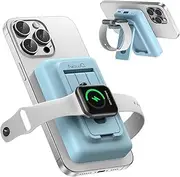 NewQ Magnetic Wireless Power Bank with iWatch Charger, 10000mAh Wired PD 18W 4 in 1 Portable Charger Compact Battery Bank for iPhone 16/15/14/13/12, Samsung, Foldable Stand (Blue)