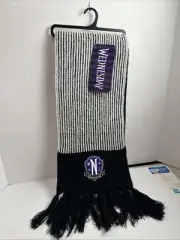 MGM WEDNESDAY Scarf Black And White Striped Fringed Logo Scarf NEW FREE SHIPPING