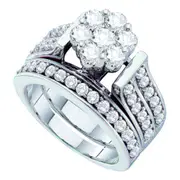 14k White Gold Round Diamond Cluster Bridal Wedding Ring Set 2 Cttw
