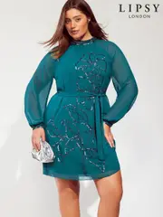 Lipsy Green Curve Long Sleeve Hand Embellished Artwork Mini Shift Dress (F27441) | $189