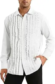 [Bbalizko] Mens Ruffle Tuxedo Shirt 80s Prom Ruffled Button Down Frill Pleated Ruche Long Sleeve Shirts Top