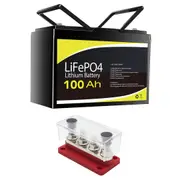 12V 100Ah Lithium Battery + Bus Bar M8 Power Distribution Terminal Block (4 GANG 300A Red)