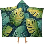 [Ausinbed] Palm Leaves Wearable Cloak Hooded Blanket Fleece Hooded Robe Cloak Arctic Velvet Warm Throw Quilt Poncho Soft Nap Blanket Novelty Blanket Air Conditioning Blanket,60"x80"