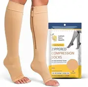 Zipper Compression Socks 20-30mmHg Open Toe with Zip Guard Skin Protection - Medical Zippered Compression Socks for Men & Women - Beige, Medium, Beige, Medium (2 Count)