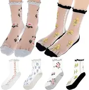 [Nogeqi] 4 Pairs Floral Sheer Socks Women Ankle, Fancy Ruffle Mesh Socks, Ultrathin Nylon Socks for Women Girls (4 Styles)