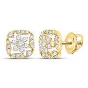 14k Yellow Gold Round Diamond Square Floral Cluster Earrings 3/8 Cttw
