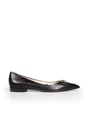 Black Leather Pointed-Toe Horsebit Accent Flats