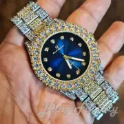 Hip Hop Iced Two Tone Rapper Bling Lab Diamond Blue Dial Metal Luxury Watch