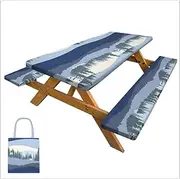Picnic Table Cover with Bench Covers Camping Tablecloth with Storage Bag Windproof Waterproof Picnic Table Covers with Elastic for Camping
