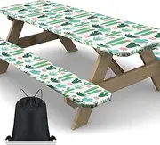 3 Pcs Set Summer Cactus Picnic Table Cover with Bench Covers Windproof Waterproof Picnic Tablecloth Fitted Rectangle Picnic Table Cloth with Drawstring Bag for 6ft Table 72"x 30", 72"x 12"
