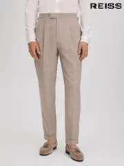 Reiss Oatmeal Collect Slim Fit Check Adjuster Trousers with Turn-Ups (K81540) | $280