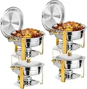 4.5L Chafing Dish Buffet Set Lid and Holder, Stainless Steel Round Chafers and Buffet Warmers Sets with Food and Water Trays for Catering, Parties and Weddings (Gold 4pc Steel)