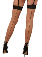 Sheer Nude Thigh Stockings with Black Plain Tops and Back Seam