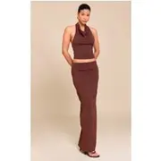 Chocolate Brown Matte Sculpt Mid Rise Maxi Skirt, Chocolate Brown