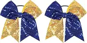 2Pcs Women Teen Girls Large Sequins Hair Bows Elastic Big Hair Bow Hair Accessories Ponytail Holder Hair Tie (Deep Blue Yellow)