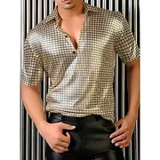 Men's Polo Golf Shirt Street Club Lapel Classic Short Sleeve Solid Color Sequins Glitter Summer Spring Fall Silver Gold Rose Red Polo