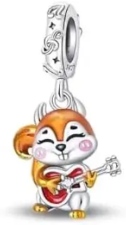 [The Charmery] Autumn Squirrel Musician with Guitar Charm 925 Silver Charm Compatible with Pandora Charms, Trollbeads, Chamilia, Biagi and Many Other UK Charm Bracelets., Small, Metal, No Gemstone