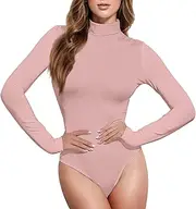 [Caihoyu] Rose Gold Solid Color Pure Plain long sleeve Bodysuit Tops for Women Womens Shapewear Cute Tops for Women Going Out Mock Turtle Neck, Color 3