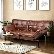 Oikiture Sofa Bed 3 Seater Lounge Sofa with 3 Adjustable Backrest Position and 4 Angle Adjustable Armrests PU Leather Sofa Couch 250kg Capacity Brown
