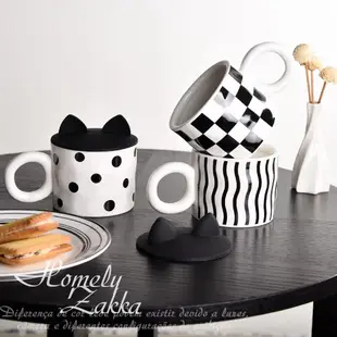 【Homely Zakka】北歐創意黑白大耳朵陶瓷馬克杯附矽膠貓耳朵杯蓋400ml_3款一組