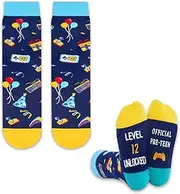 [Onperpoe] Funny Socks Birthday Gift Socks for Boys and Girls Level 10/12 Unlocked Double Digits Fun Socks Knitted Casual Sports Kids Socks Gifts for Girls Boys