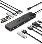 [Lemorele] 13 in 1 USB C Docking Station Triple Monitor w/Dual HDMI 4K, VGA, 5 USB 3.0/2.0,3.0,100W PD, SD/TF, 3.5mm Audio, USB C Dock Multiport Adapter for Lenovo, Surface, Dell, HP Laptops
